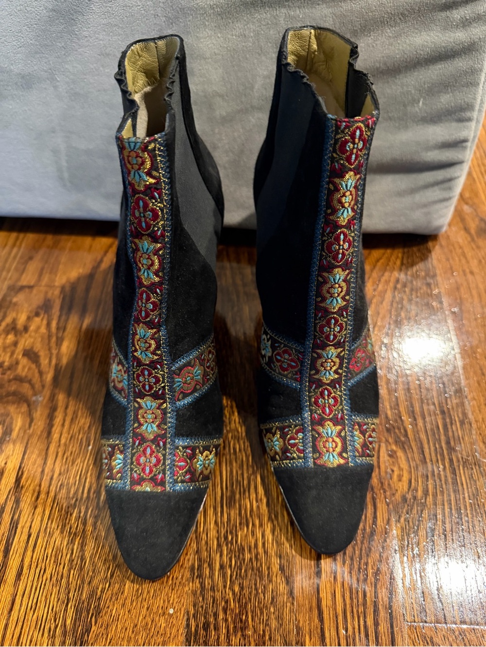 VintageYves Saint Laurent Black Suede Ankle Boots with Red & Teal Embroidery 8M